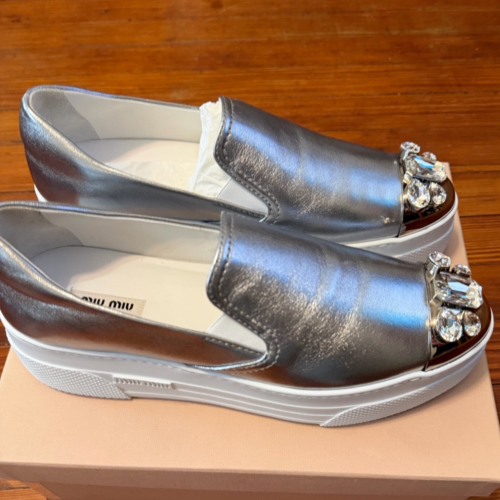 Authentic New in Box Miu Miu Silver Embellished Slip-On Crystal Sneakers Size 40